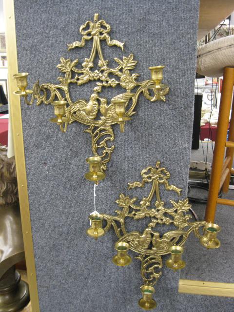 Pair of Brass Wall Sconces, lovebird and: foliage design, five light.
