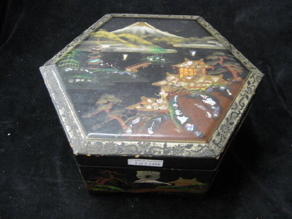 Japanese Lacquerware Jewelry or Sewing Box,: hexagon, abalone inlay, village scenes.