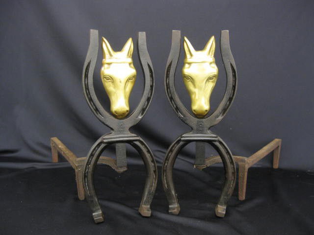 Pair of Figural Brass & Iron Andirons, horse head &: horse head & horseshoe decor, 14".