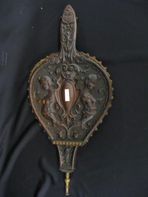 Carved Victorian Fireplace Bellows, elaborate, 10": elaborate, 10" x 22", requires leather redone.