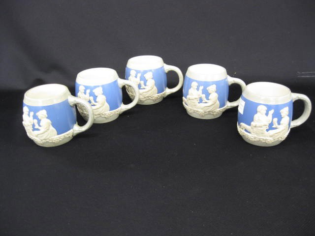5 Art Pottery Mugs, cameo scenes of dog and couple,: and couple, similar to Mettlach, signed Wekara, 3 1/2"