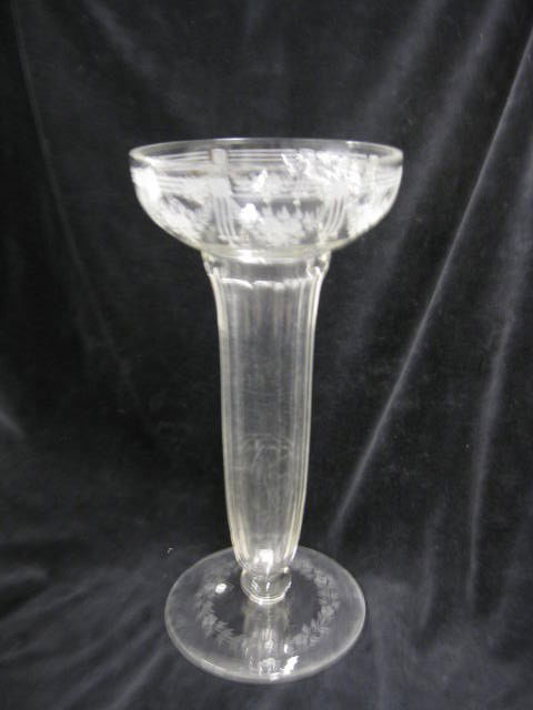 Sinclair Cut & Engraved Glass Vase, trumpet & bow: trumpet & bowl style, floral garland at top, signed, 12".