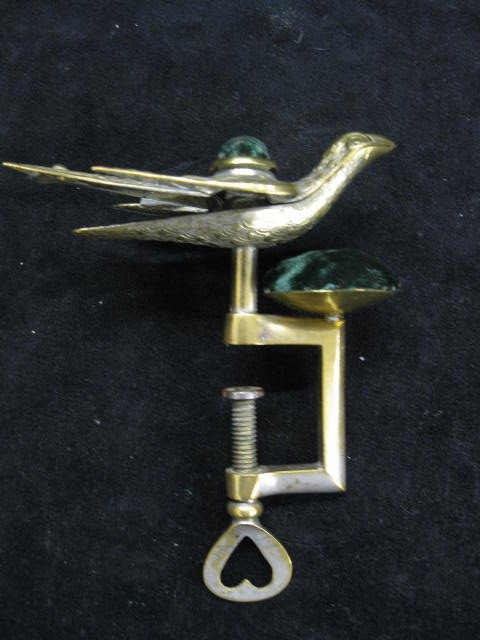 Victorian Sewing Bird with Pin Cushions & clamp, : & clamp, 4 1/2", brass.