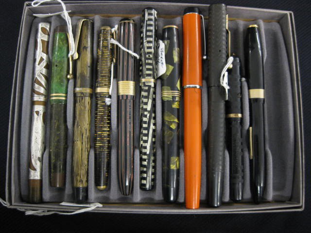 Lot of 12 Fountain Pens, silver overlay, Parker, M: Parker, Mabe Todd and others.