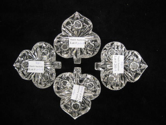 4 Hawkes Cut Glass Salt Cellars, leaf shape, bril: leaf shape, brilliant period, signed, 3" x 3 1/2".