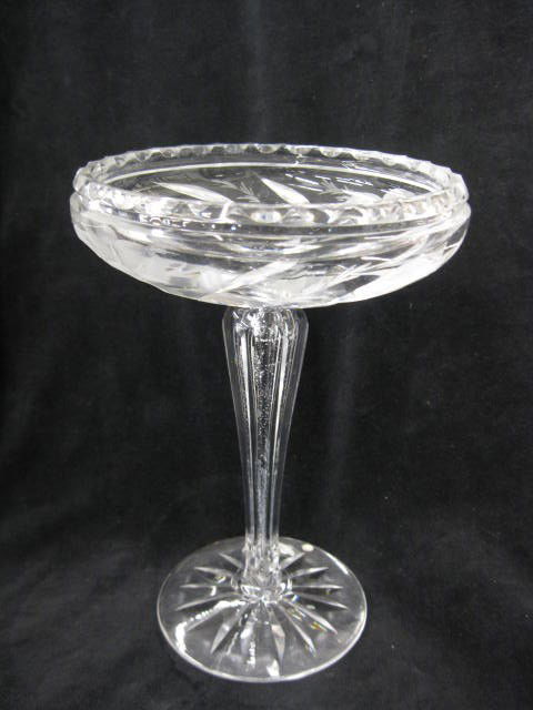 Signet Cut Glass Tall Compote, signed, intaglio f: signed, intaglio floral, 8 3/4" tall, teardrop stem, excellent.