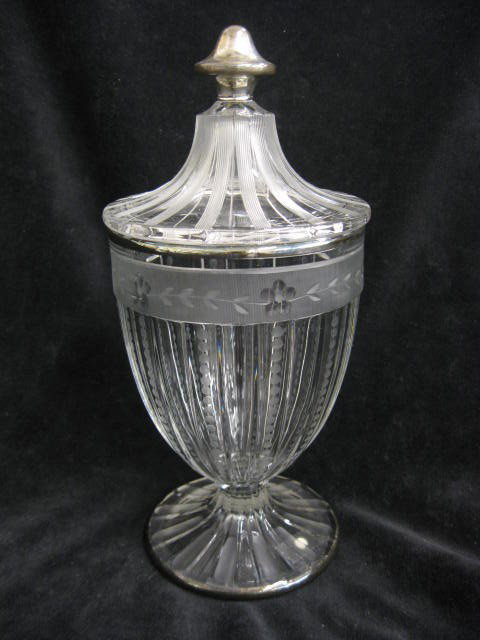 Hawkes Etched Crystal Covered Jar, silver overlay: silver overlay trim, 10", signed, excellent.