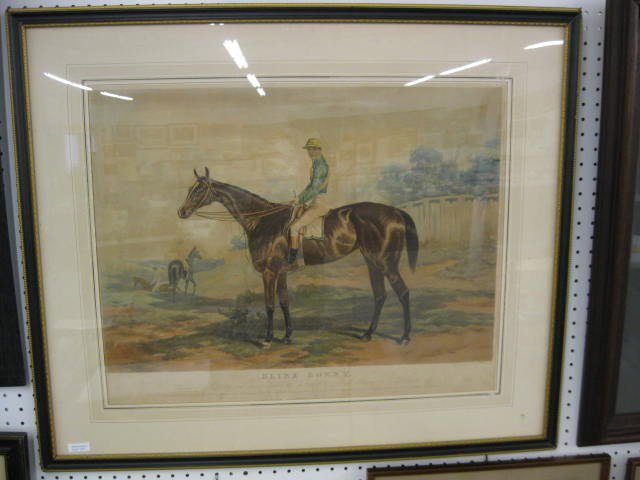 Race Horse Engraving "Blink Bonny" after Harry Hal: after Harry Hall, famous horse, handcolored, image area 21" x 26", winner of the 1857 Derby and Oaks Stakes.