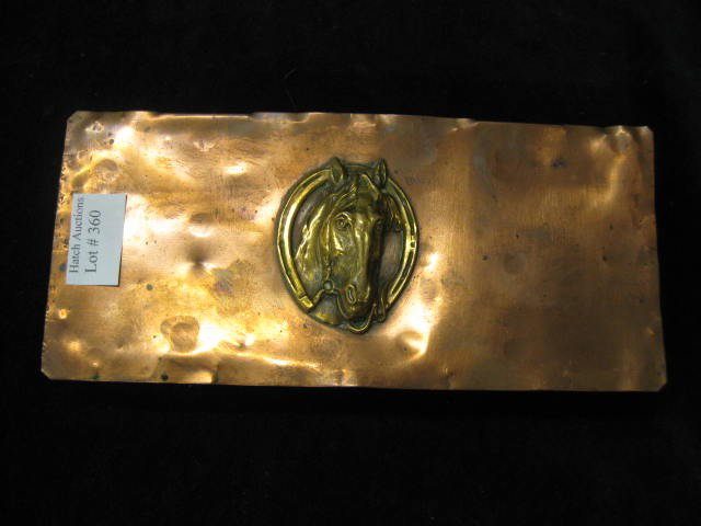 Equestrian Dresser Box, brass horse head & horses: brass horse head & horseshoe on hand hammered copper, signed Drumbold, 3 1/2" x 7 3/4", Arts & Crafts era.