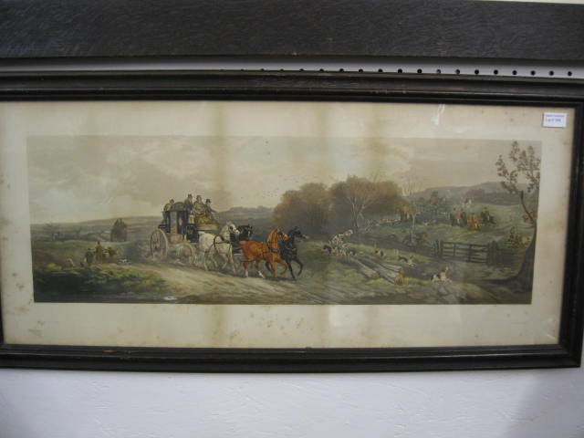 W.J. Shayer, Chromolithograph, "Autumn", coach & f: coach & fox hunt scene, image area 9" x 26", 1886.