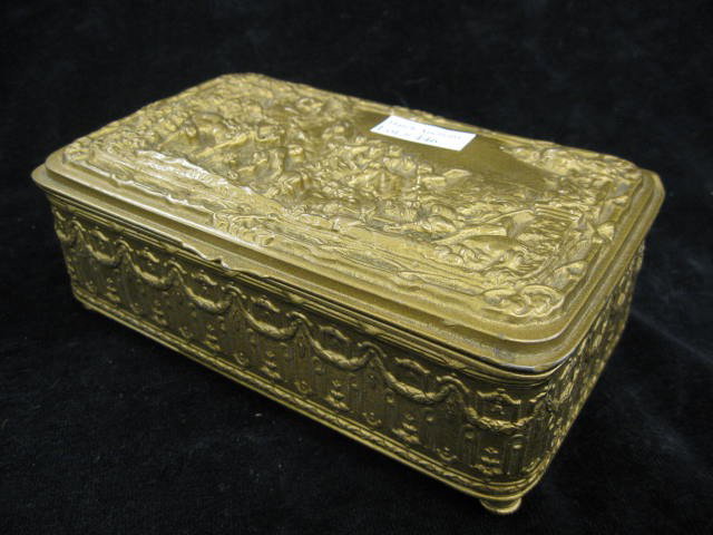 Jennings Brothers Dresser Box, scene of horses & r: scene of horses & riders at rest, deco era, 3 3/4" x 6 1/2".