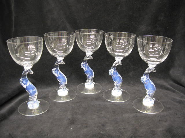 5 Libbey Moonstone Silhouette Pattern crystal cock: crystal cocktails, kangaroo figural stems, 6", rare, excellent.
