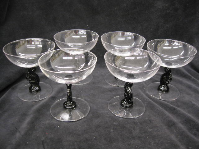6 Libbey Silhouette Pattern Squirrel crystal champ: crystal champagne glasses, black figural stems, 4", rare, excellent.