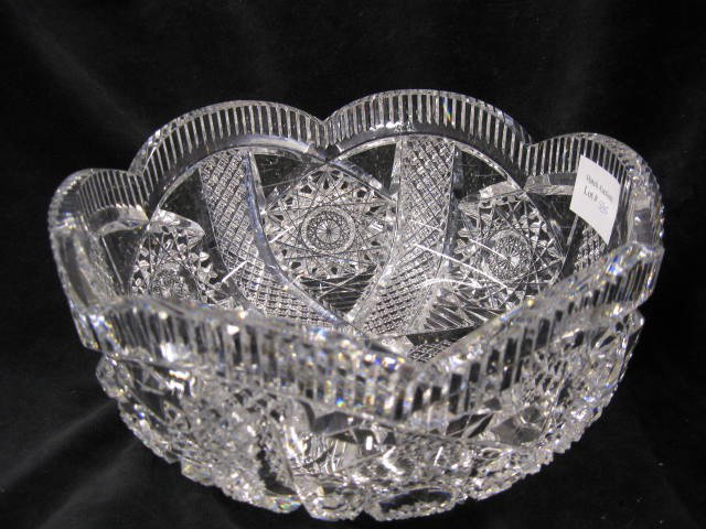 Hawkes Cut Glass Bowl, criss-cross band with straw: criss-cross band with strawberry diamonds, hobstars between, petal style rim, 8 3/4" diameter, signed, brilliant period, excellent.