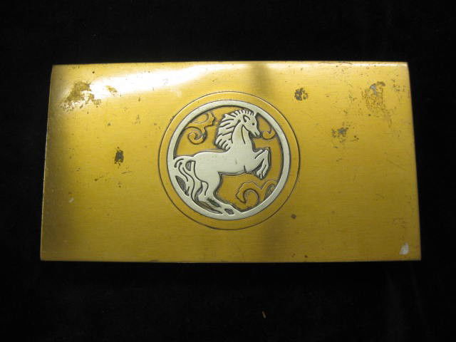 Silvercrest Bronze Dresser Box with deco style med: with deco style medallion of horse, 3 1/2" x 6 1/2", #506-EE.