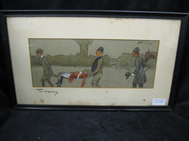 Charles Johnson Payne "Snaffles", Watercolor, "The: "The Wreckers" fox hunt rider being assisted, image area 5" x 11", signed, well listed British artist, 1884-1967