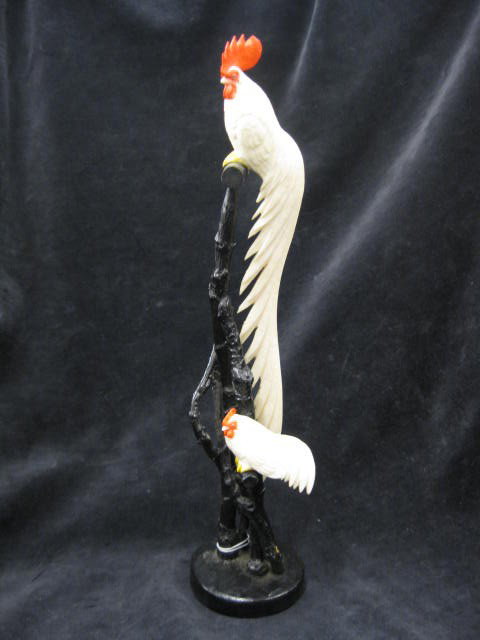 Carved Ivory Figurine of Rooster & Hen, on wooden : on wooden branch style stand, 13" tall overall.