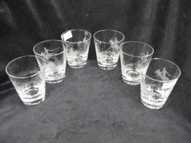 6 Heisey Glass "Polo Player" etched old fashions,: etched old fashions, 3 1/2", 1937-1944, excellent.
