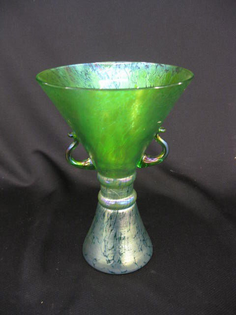 Loetz Art Glass Vase, iridescent green, handled,: iridescent green, handled, hour glass form, 7 1/2".