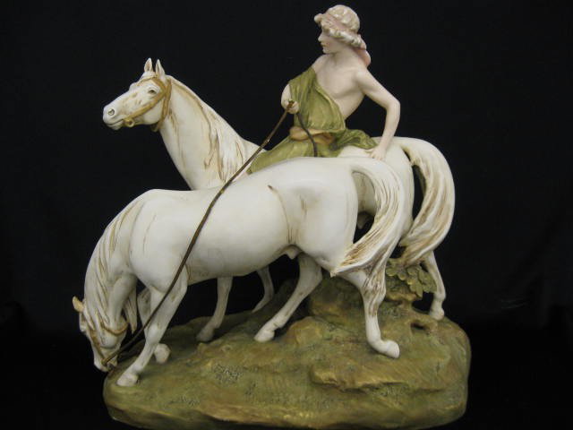 Royal Dux Porcelain Figurine of Lady with horses,: with horses, gorgeous, 16" tall, note one horse ( head down) has both ears repaired and the lady has her thumb repaired.