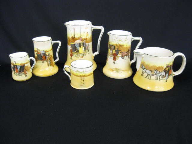 6 pcs. Royal Doulton "Coaching Days" China, pitche: pitchers ranging from 3 1/2" to 7" tall, together with a mug.