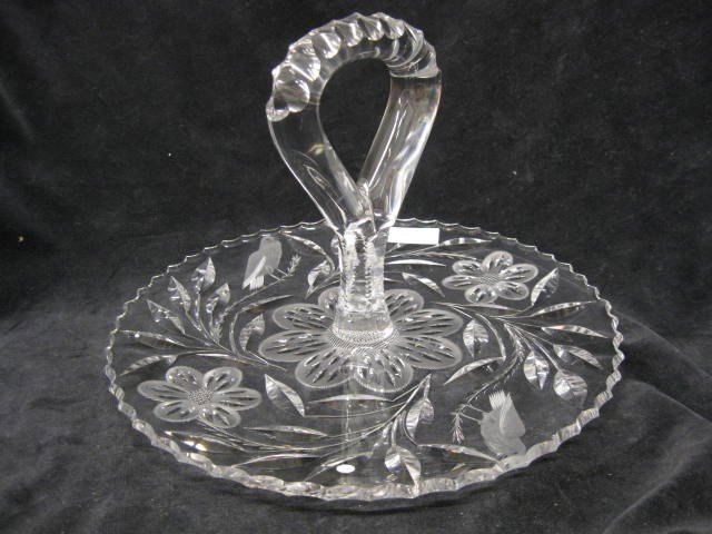 Fry Cut Glass Sandwich Plate, signed, center handl: signed, center handle, bird & floral decor, 9 1/2" diameter, excellent.