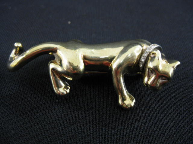 14k Figural Brooch of a Panther, diamond collar, 2: diamond collar, 2 1/2", signed.