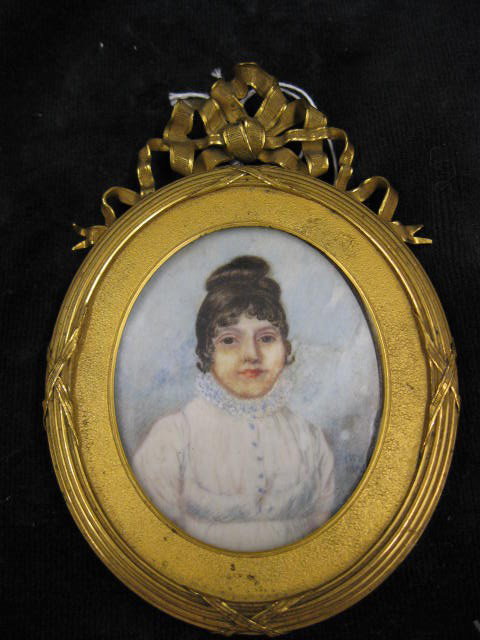 1805 Miniature Portrait Painting on Ivory of a y: of a young lady, signed IWS, 1805, 2" x 2 5/8" oval, in gilt brass frame.