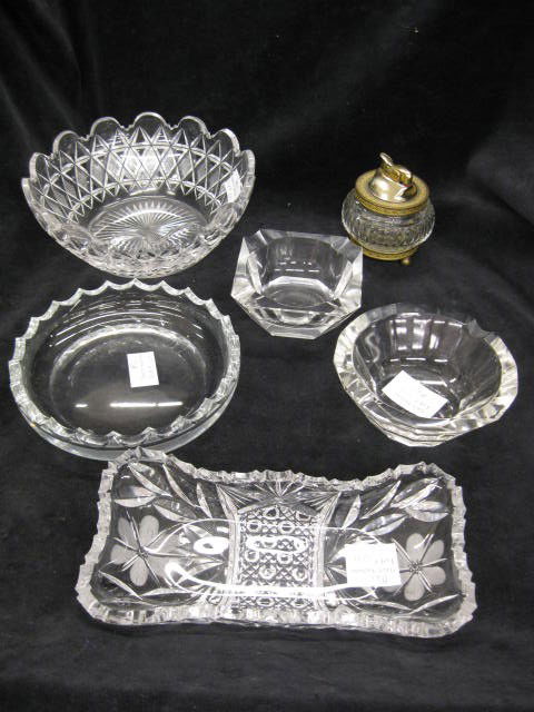 6 pcs. Cut Crystal; fruit bowl, relish dish, ash: fruit bowl, relish dish, ash trays & table lighter.