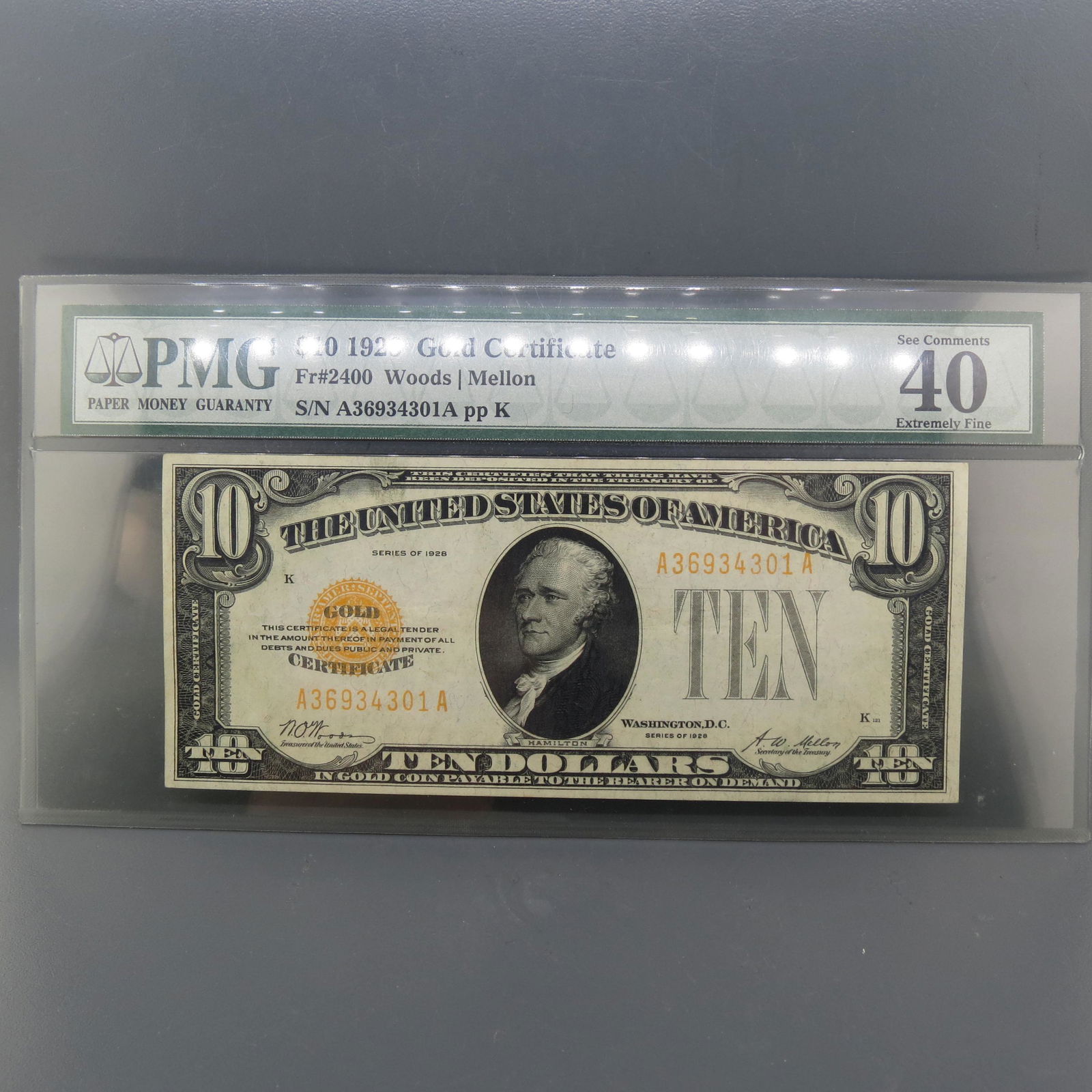 1928 $10.00 Gold Certificate XF-40, PMG, (1 of 7)