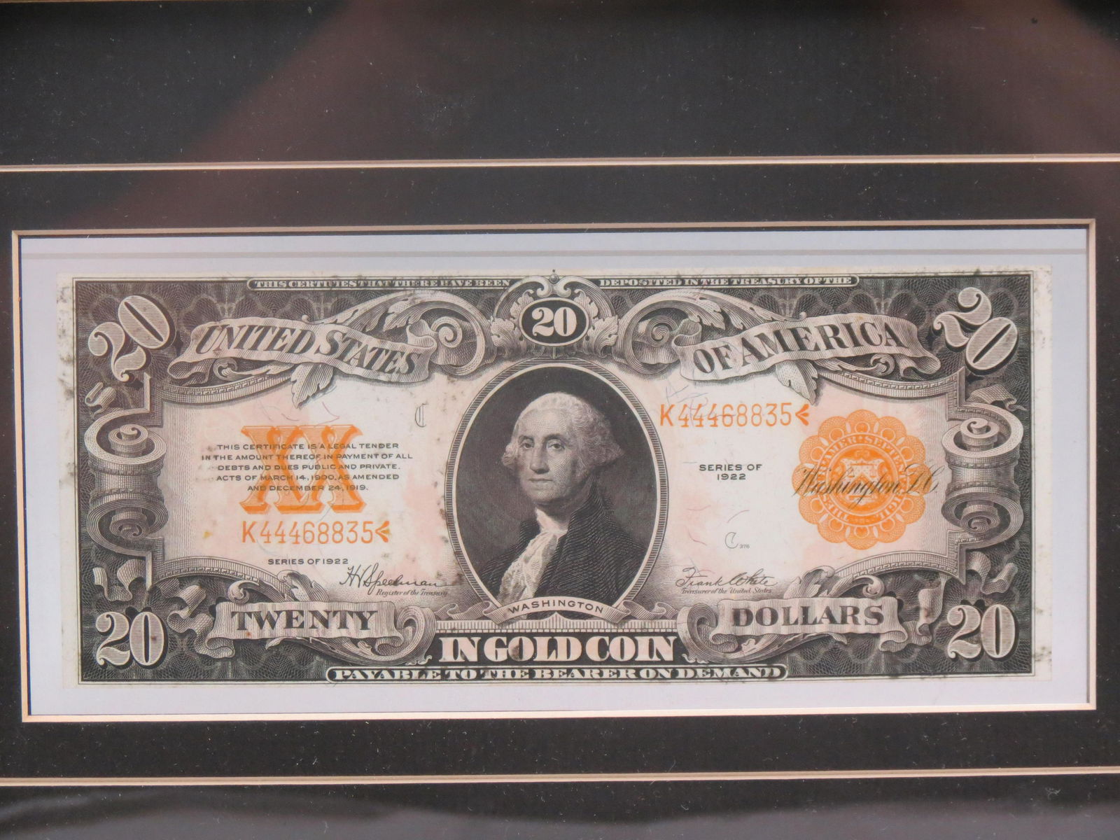 1922 $20.00 Gold Certificate, large size, (1 of 10)