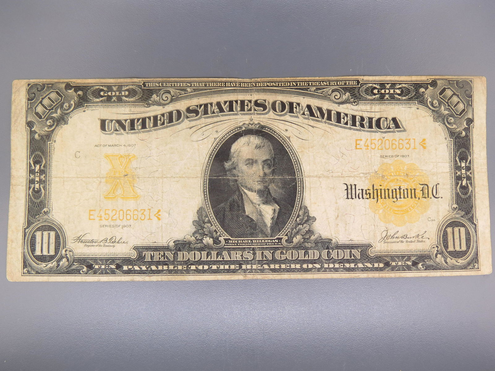 1907 $10.00 Gold Certificate, Michael Hillegas, (1 of 7)