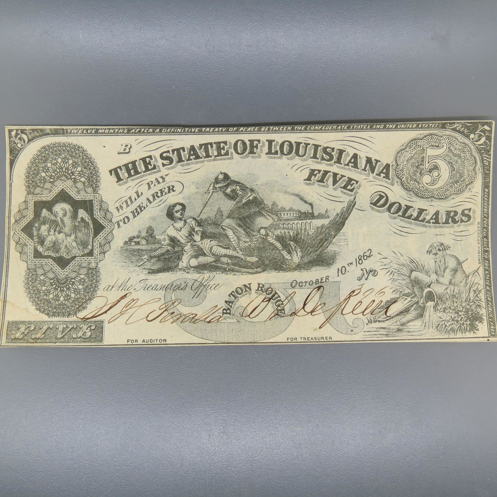 1862 $5.00 Baton Rouge Louisiana Note, (1 of 5)