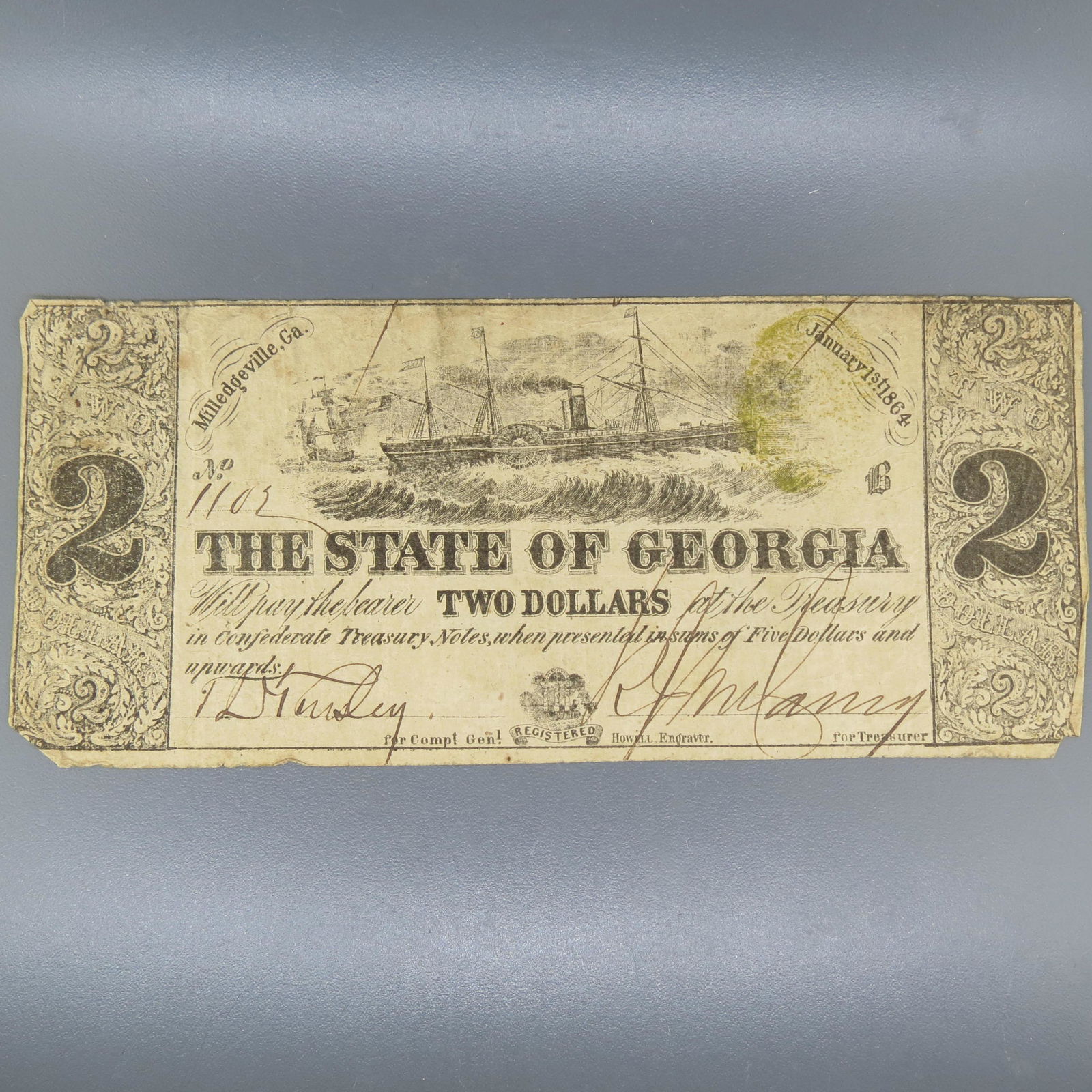1864 $2.00 Confederate Note Milledgeville, GA, (1 of 4)