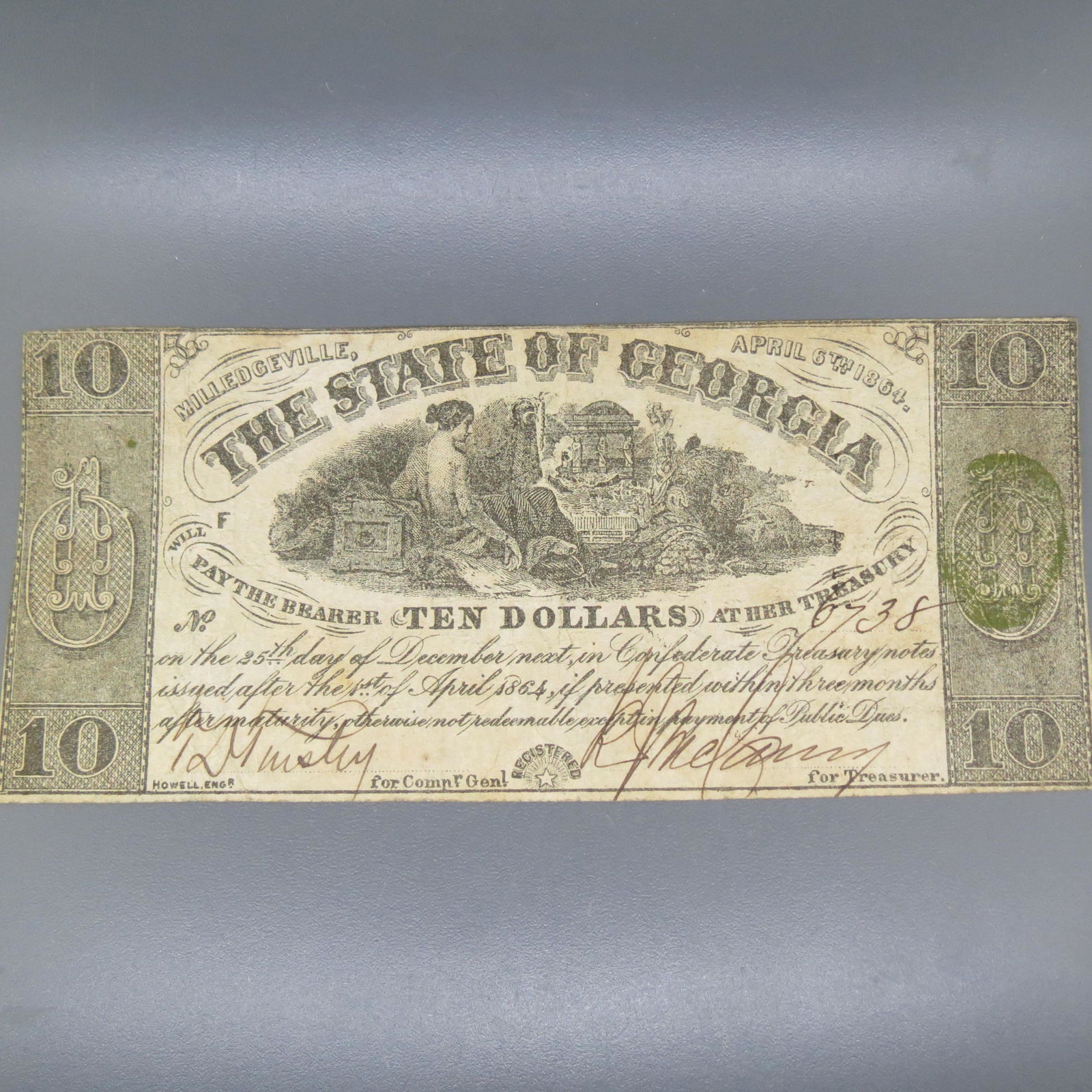 1864 $10.00 Confederate Note Milledgeville, GA, (1 of 4)