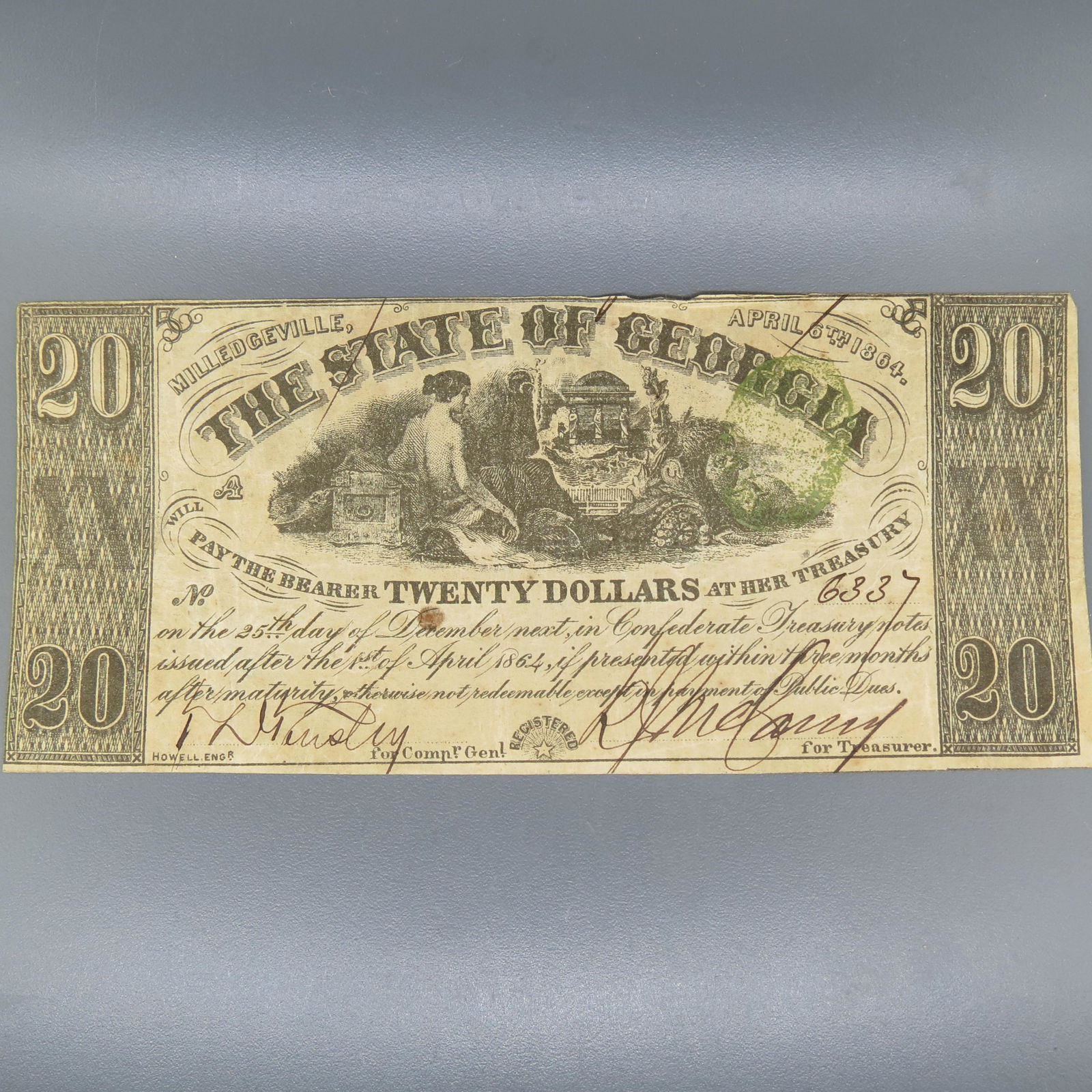 1864 $20.00 Confederate Note Milledgeville, GA, (1 of 4)
