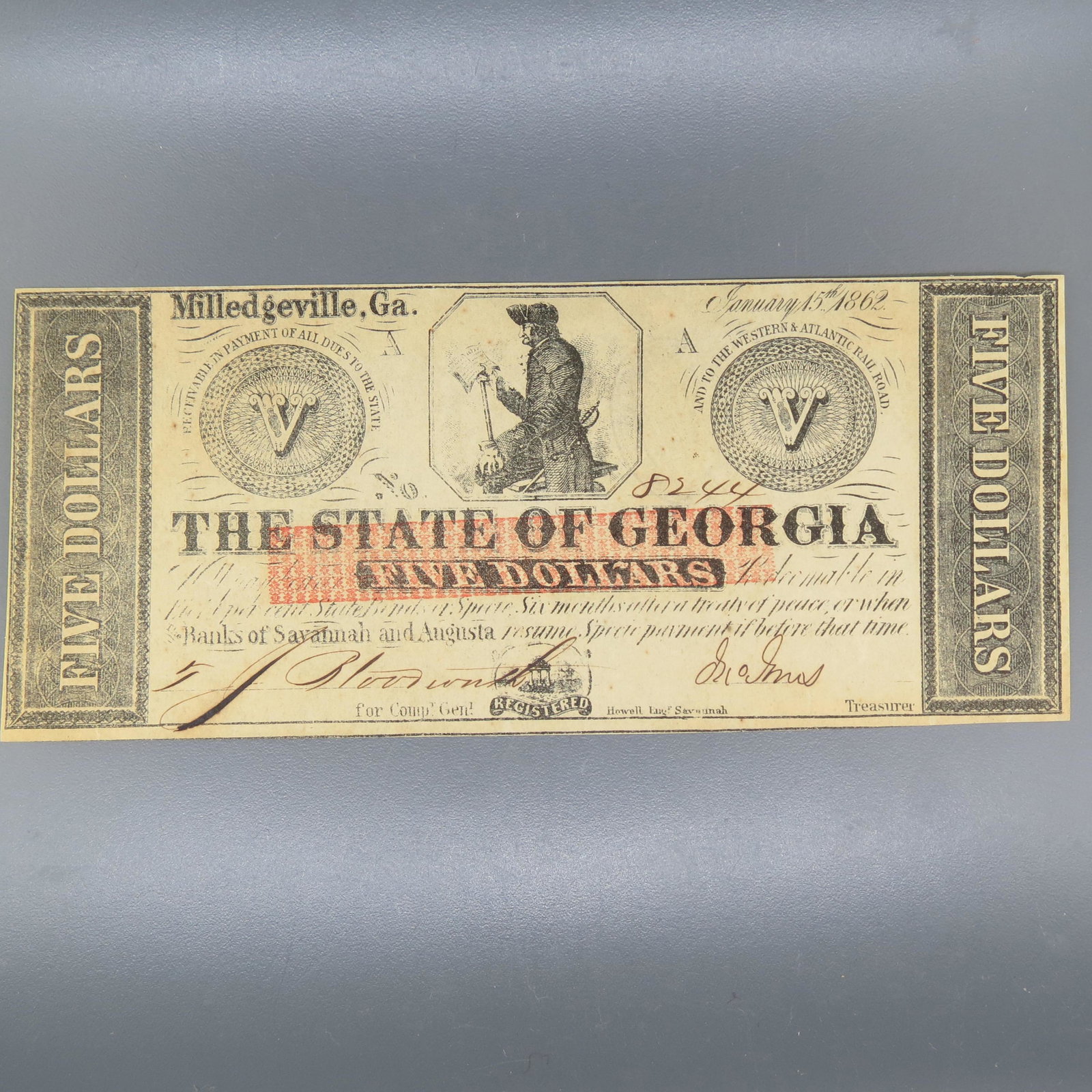 1862 $5.00 Confederate Note Milledgeville, Ga, (1 of 5)