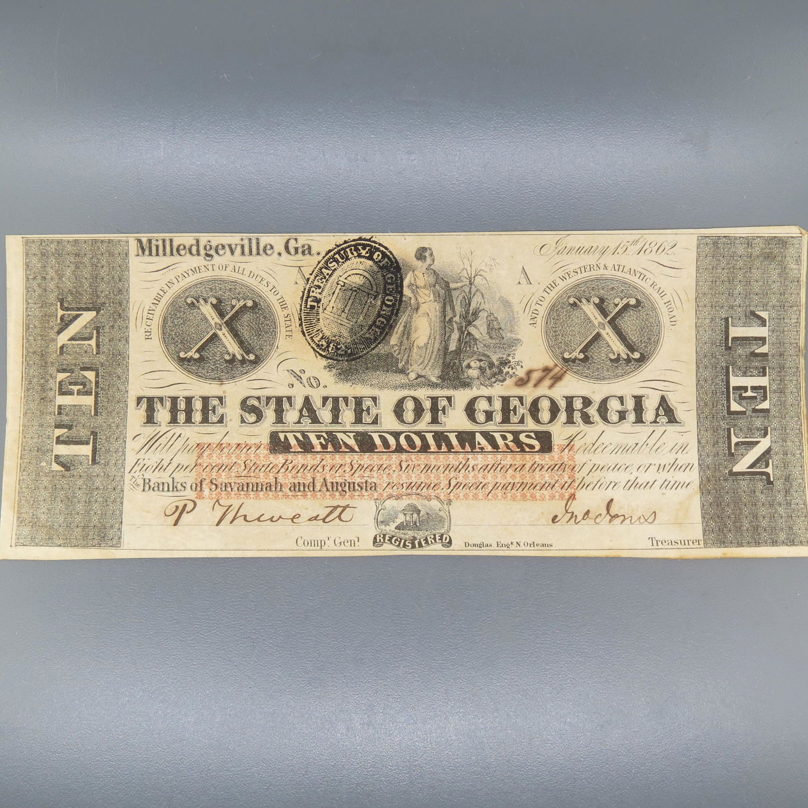 1862 $10.00 Confederate Note Milledgeville, GA, (1 of 4)
