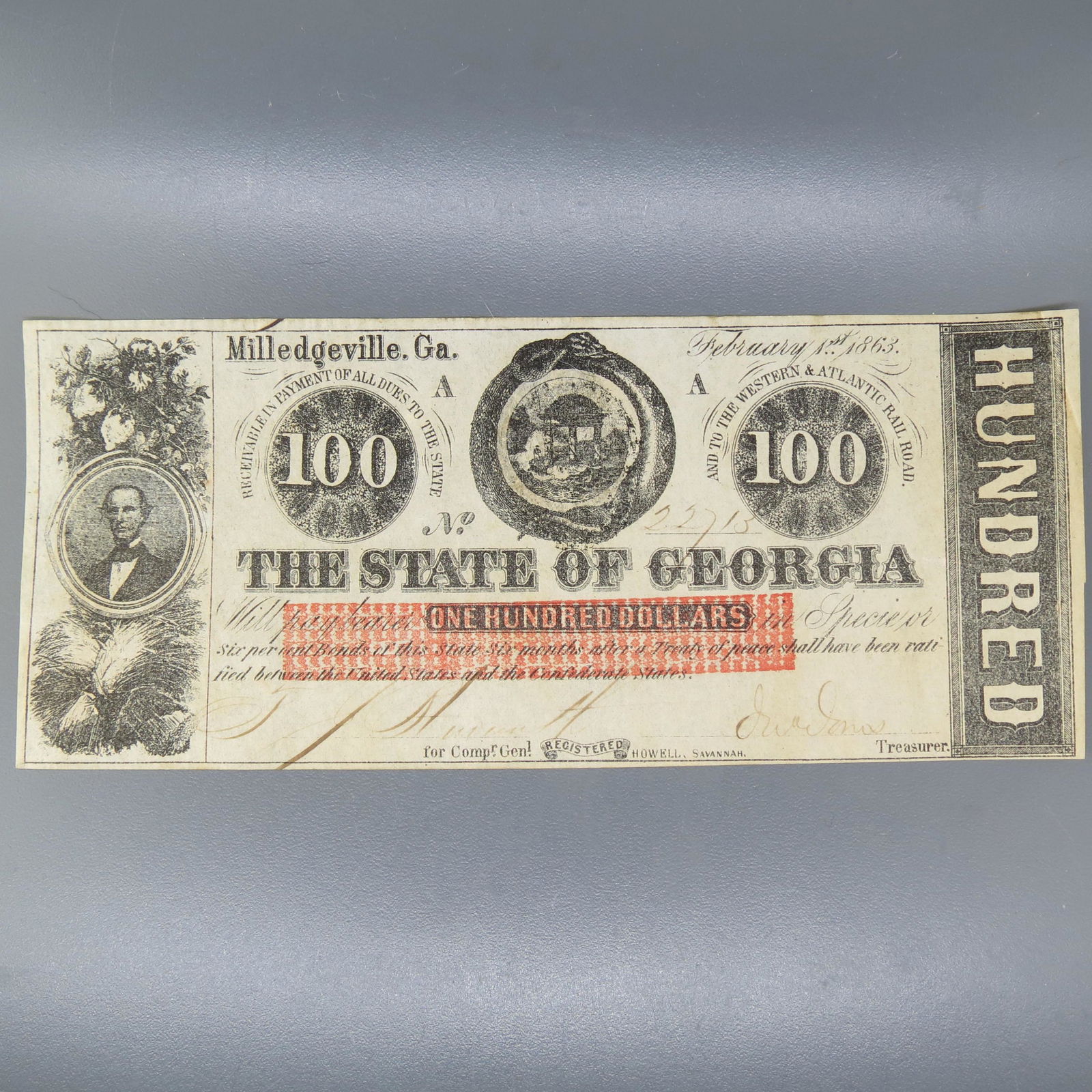 1863 $100.00 Confederate Note Milledgeville, GA, (1 of 5)