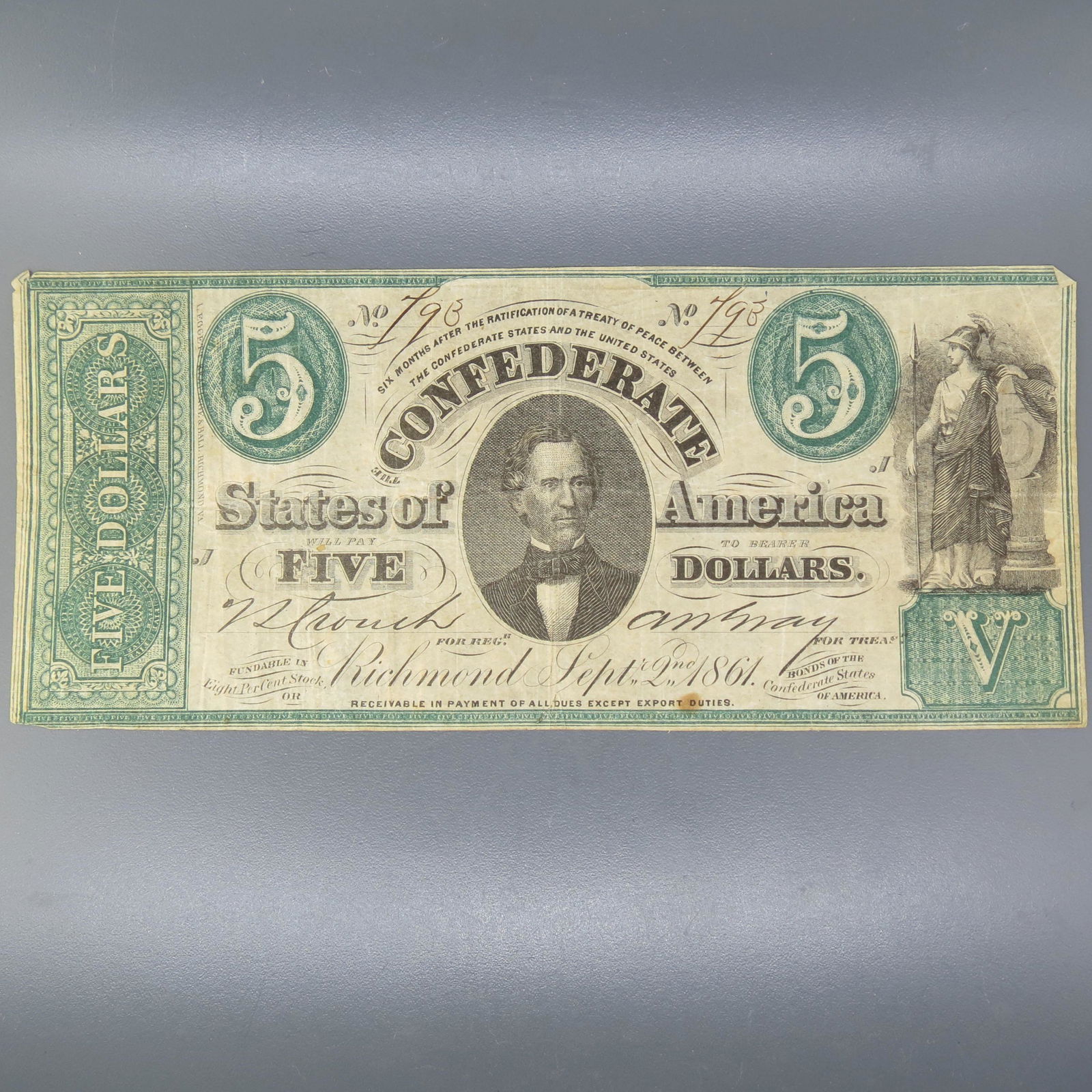 1861 $5.00 Confederate Note, Richmond, Virginia, (1 of 5)