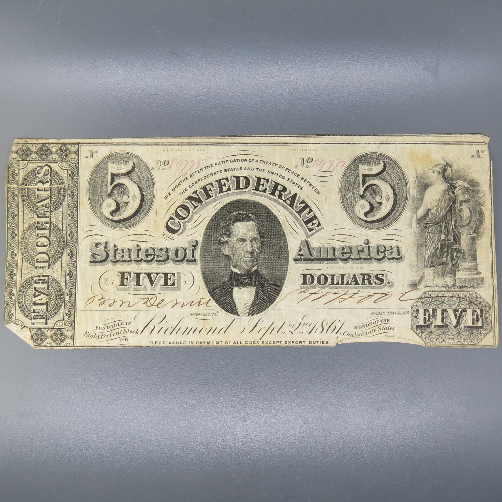 1861 $5.00 Confederate Note, Richmond, Virginia, (1 of 5)