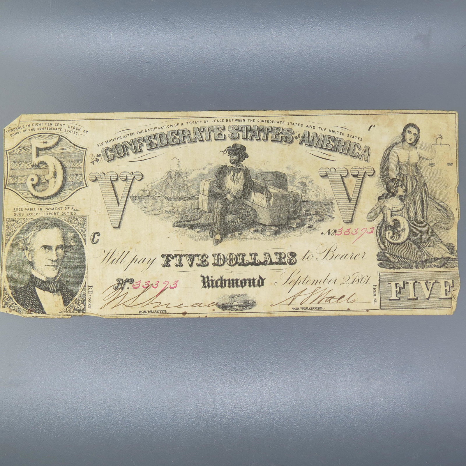 1861 $5.00 Confederate Note, Richmond, Virginia, (1 of 5)