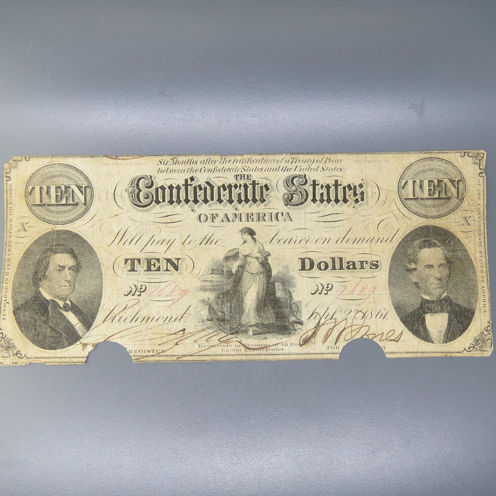 1861 $10.00 Confederate Note, Richmond, Virginia, (1 of 5)