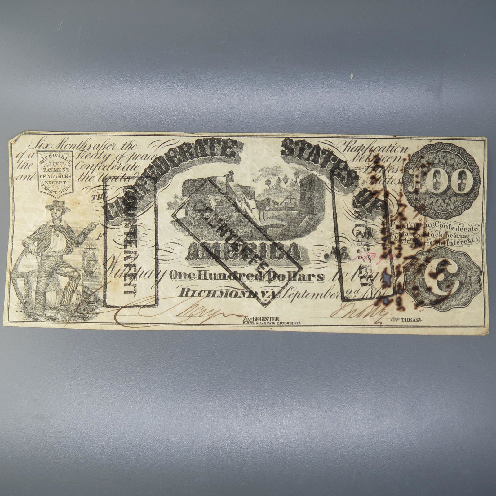 1860's $100.00 Confederate Note, Richmond, Virgina (1 of 6)