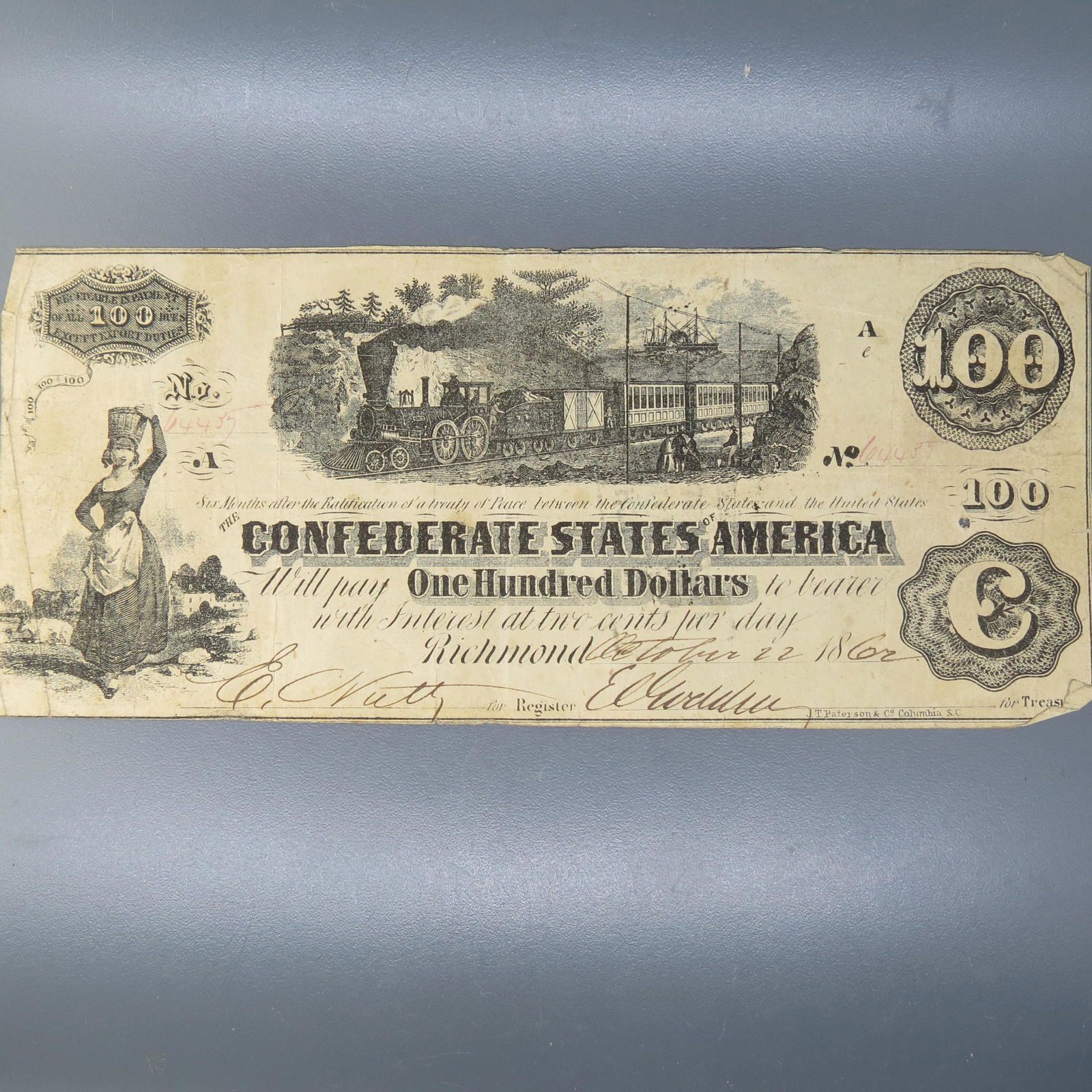 1862 $100.00 Confederate Note, Richmond, Virginia, (1 of 7)