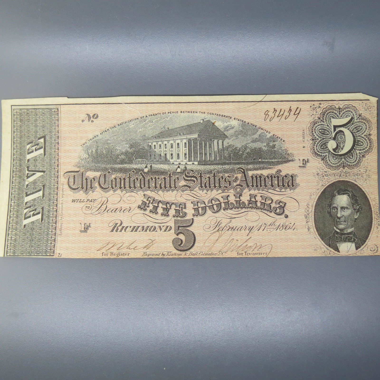 1863 $5.00 Confederate Note, Richmond, Virginia, (1 of 4)