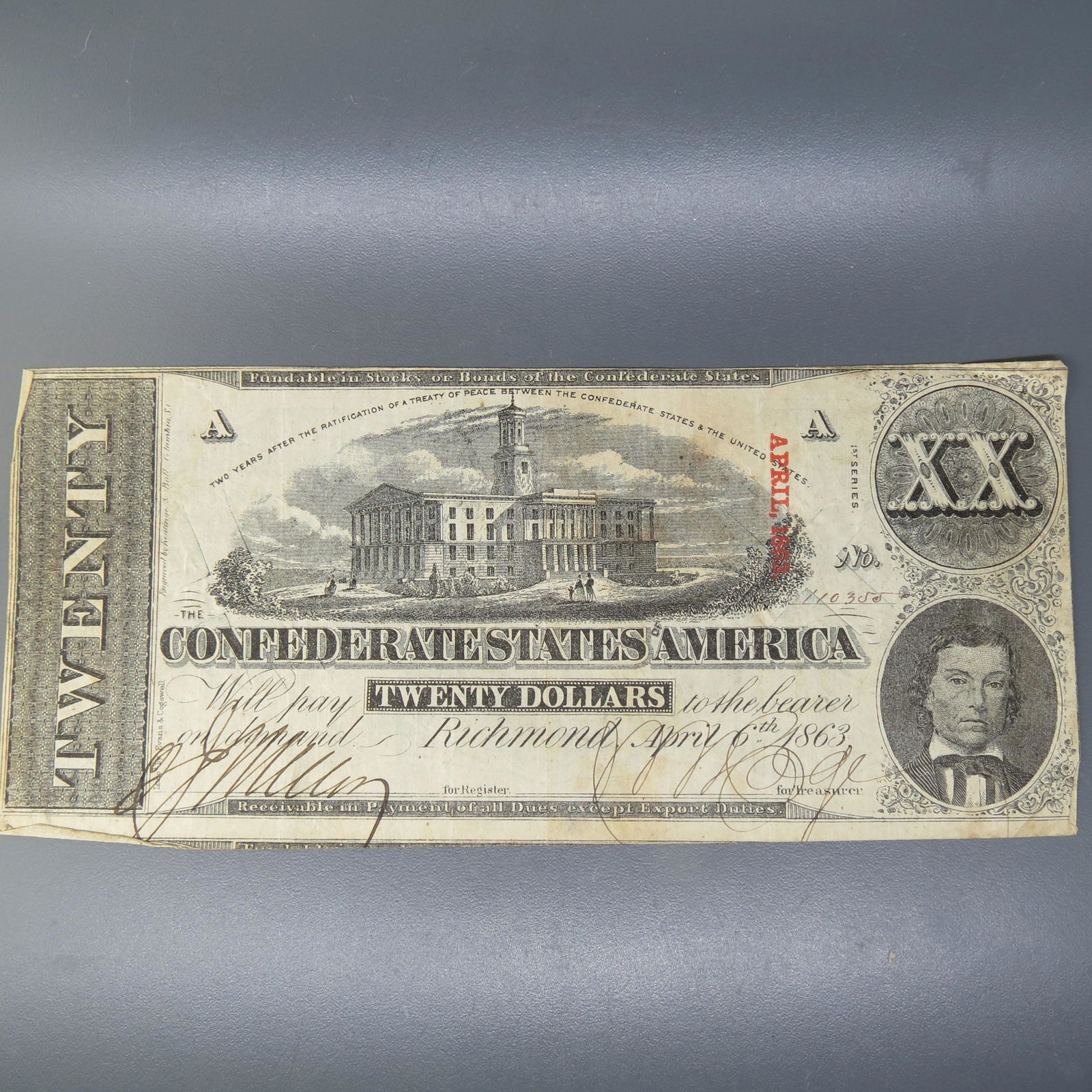1863 $20.00 Confederate Note, Richmond, Virginia, (1 of 6)
