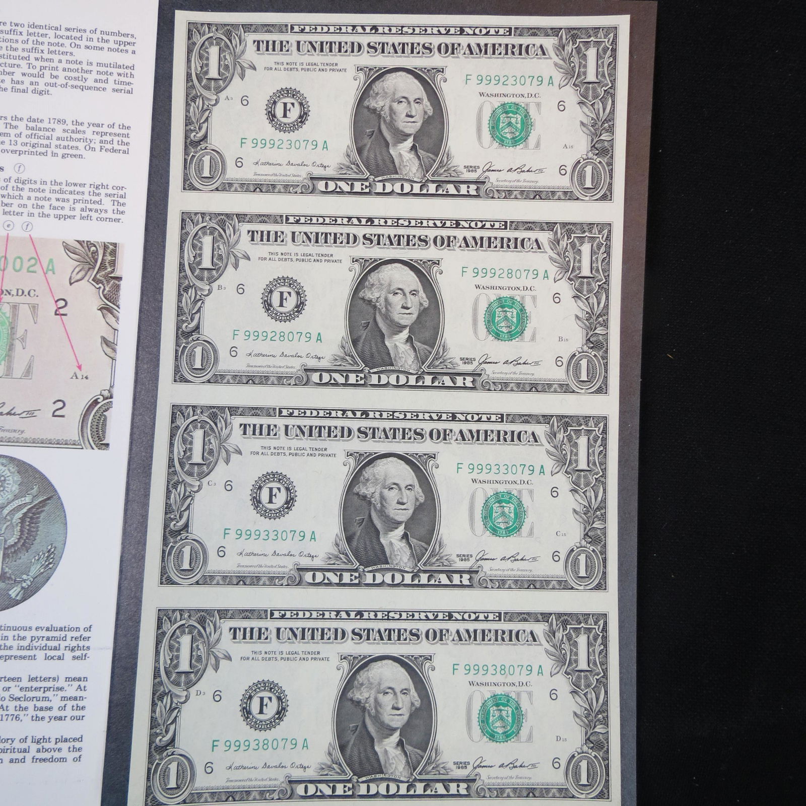 1985 Uncut Sheet of 4 $1.00 Notes, (1 of 3)