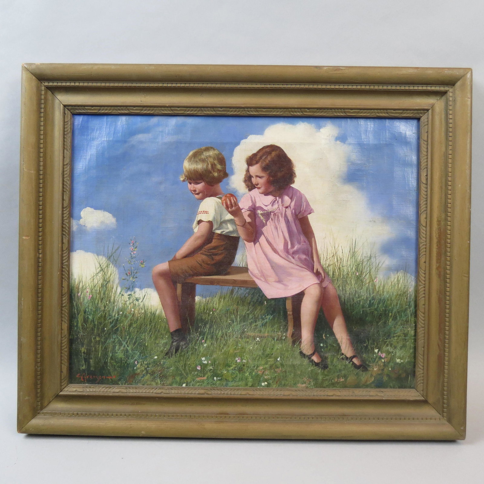 E. Arrensen, young girl tempting boy with apple: Oil on canvas, image area 15 X 19" plus gold frame, one canvas tear.