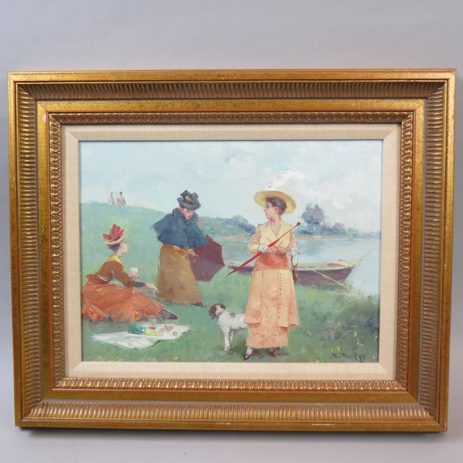 Jose Francisco Soler, oil, Figures by the Lake: Women having a picnic, on canvas, image area 12 x 16" plus gold frame, listed Spanish artist.